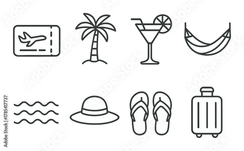 Vacation essentials: travel icons with palm tree, cocktail, and luggage