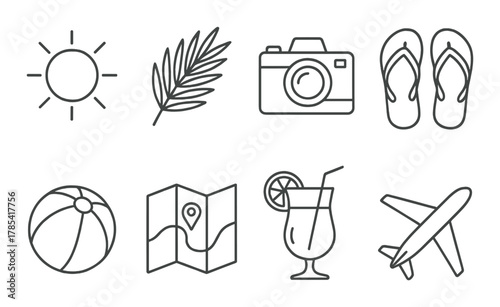 Summer vacation icons: sun, palm, camera, flip-flops, beach ball, map, cocktail, airplane
