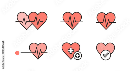 Vector illustrations depict heart shapes with cardiogram lines, medical symbols, and check marks in a simplistic, two-tone style. The icons represent health, medical, and well-being concepts