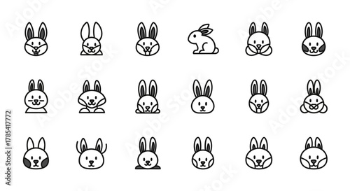 A set of 15 minimalistic line-drawn bunny icons, each with unique features, varying postures, and expressions. The icons showcase the rabbits in different forms, with clean outlines