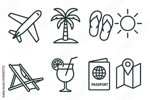 Travel icon set featuring plane, palm tree, flip flops, sun, and vacation essentials