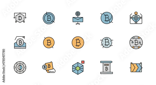 A colorful collection of stylized cryptocurrency icons arranged in rows. Designs feature Bitcoin symbols within various geometric shapes, with surrounding illustrative elements