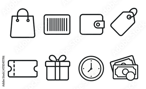 Shopping icons set: bag, barcode, wallet, tag, ticket, gift, clock, cash
