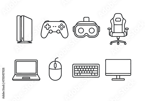 Gaming and tech icons: console, controller, vr, chair, laptop, mouse, keyboard, monitor