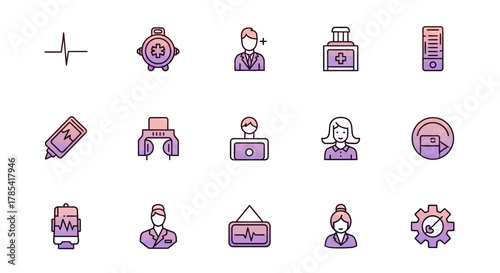 A collection of minimalist, medical-themed icons in shades of purple. These outline illustrations depict health concepts, staff, and medical tools
