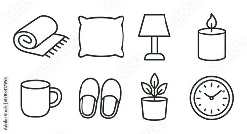 Cozy home essentials: rug, pillow, lamp, candle, mug, slippers, plant, clock icons