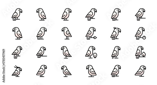 A collection of stylized parrot icons in various poses. Outlined in black with soft pink and white fills, some perched or with additional elements. Perfect for design