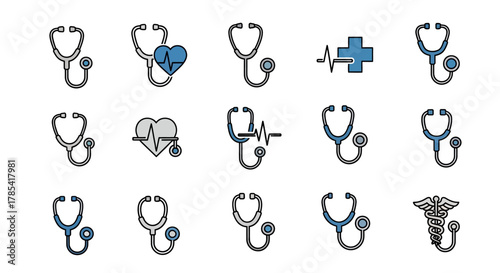 Colorful icons of stethoscopes and related medical symbols, in a flat design style, featuring heartbeats and a cross, illustrating healthcare