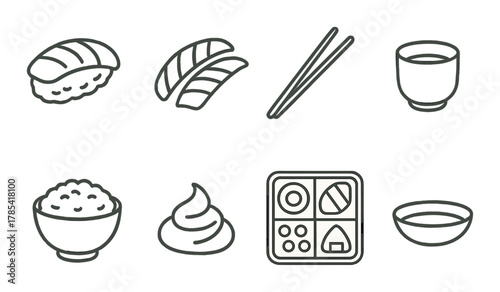 Outline of various japanese cuisine icons including sushi and bento box