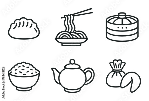 Set of asian food icons featuring dumplings, noodles, and steamer