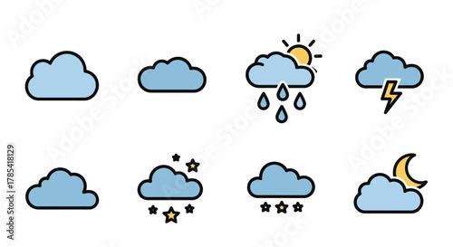 A series of stylized weather icons, each depicting a different condition. Various cloud shapes are shown with sun, rain, lightning, stars and moon indicators. The set is on a white background