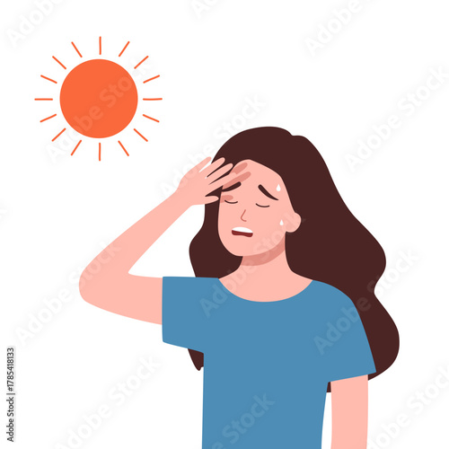 Woman suffering from high temperature vector illustration. Red thermometer with hot city and sun in background. Heatwave, drought, climate change, hot weather, summer concept