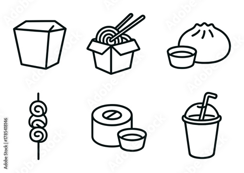 Outline of asian takeout icons: noodles, dumplings, sushi, skewers, drink