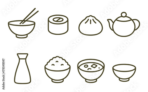 Collection of asian cuisine icons including sushi, dumplings, and teapot