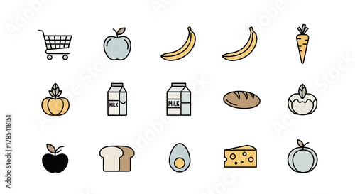 A collection of stylized, outlined illustrations of grocery items including fruit, vegetables, dairy, grains, and a shopping cart, arranged on a white background