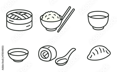 Minimalist icons of asian cuisine on olive background