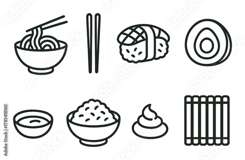 Minimalist asian cuisine icons featuring sushi, noodles, rice, tea, and more
