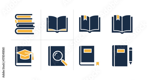 A collection of educational icons, illustrated in dark blue and yellow, featuring books in various states stacked, open, closed, with bookmarks, a graduation cap, magnifying glass, and a pencil