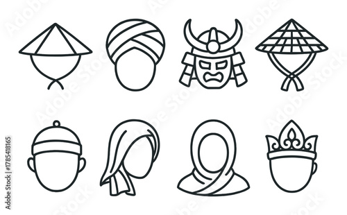 Traditional asian headwear icons featuring cultural diversity