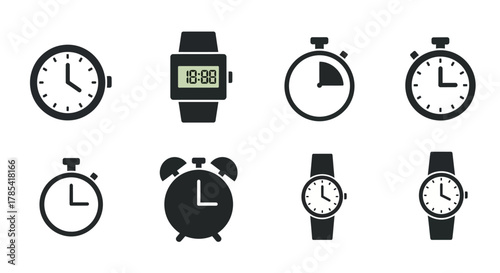 A collection of eight black and white timekeeping devices, including analog clocks, a digital watch, a stopwatch, an alarm clock, and wristwatches. The designs are simple, graphical, and illustrative