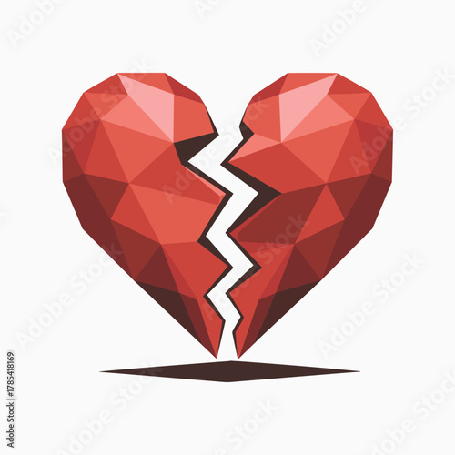 Geometric red broken heart symbol with sharp edges and a white crack against a light gray background with a dark shadow