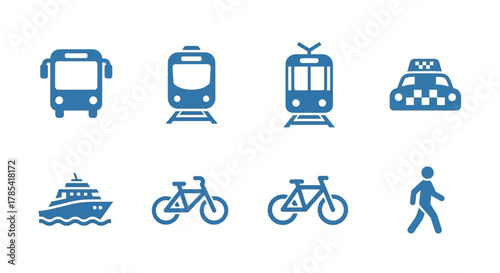 A blue-toned graphic depicts various modes of transportation, including a bus, train, tram, taxi, boat, bicycle, and a walking person. Each vehicle is rendered in a simplified, icon-like style