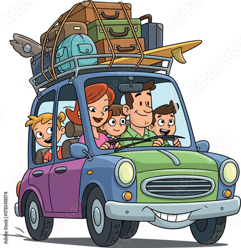 Happy cartoon family on a road trip in a packed car with luggage on the roof