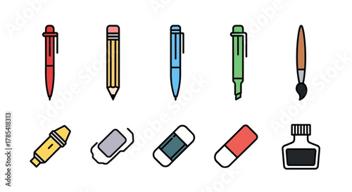 Colorful vector illustration of art and writing supplies pens, pencils, highlighter, erasers, and ink. These tools are depicted with simple, clean lines