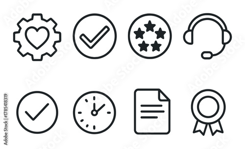 Collection of customer service icons including gear, checkmarks, and headset