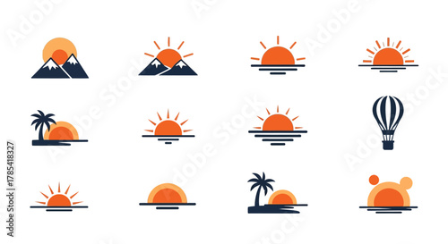 Set of stylized illustrations featuring the sun, mountains, water, palm trees, and a hot air balloon, rendered in orange and dark blue