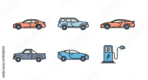 Stylized illustrations of various cars, including a sedan, SUV, coupe, truck, and a station, alongside a charging station symbol, on a white backdrop