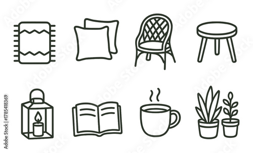 Home comfort icons: rug, pillows, chair, stool, lantern, book, coffee, plants