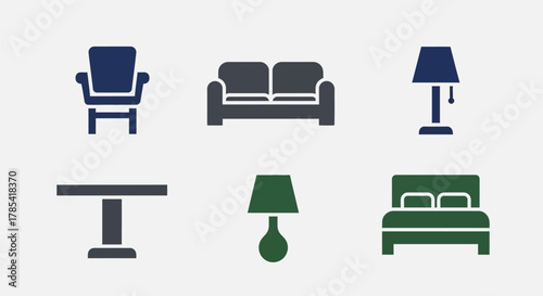 A collection of simple furniture icons in different colors including a chair, sofa, lamp, table, bed, and another lamp, likely for UI design