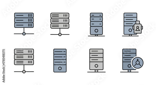 A collection of eight server icons. They have different styles and arrangements. Some have connection lines, while others feature user symbols or lock icons
