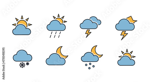 A collection of simple weather icons, depicting sunny, rainy, cloudy, snowy, and nighttime conditions with moon and stars, all in a flat design style, featuring colored outlines