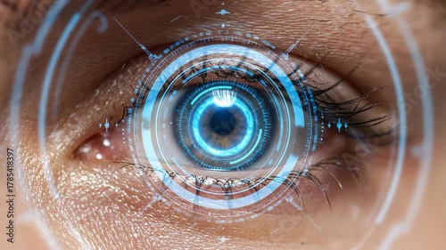 Close-up of a human eye with futuristic digital interface overlay, representing biometric scanning and advanced technology.