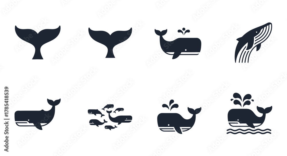 Naklejka premium A collection of simple, dark blue whale illustrations in various poses. Tails, breaching, surfacing, and group compositions. All set against a clean white backdrop