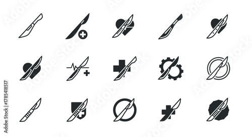 Black and white icons of scalpels, combined with symbols of health, care, and industry. Variations on medical tools and concepts