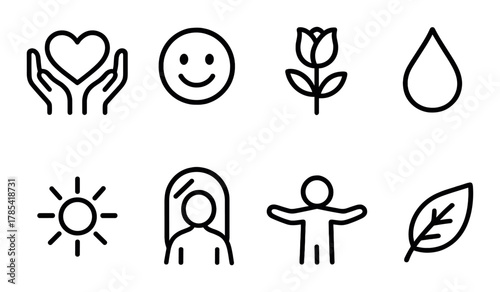 Minimalist icon set featuring heart, smile, flower, water drop, sun, person, embrace, leaf