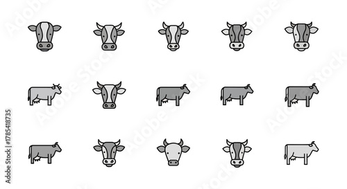A series of stylized cow illustrations in various poses. Some are head-on, others in profile. All are gray, with black outlines and subtle color variations