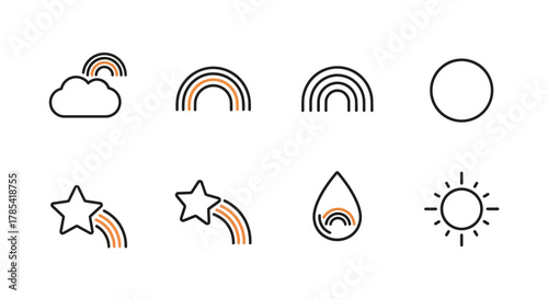A collection of minimalist weather-related icons, including rainbows, stars, sun, cloud, and a raindrop, all with an orange-black color scheme