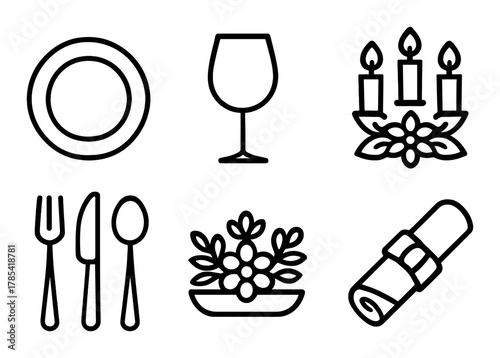 Elegant table setting icons: plate, wine glass, cutlery, candles, napkin, floral arrangement