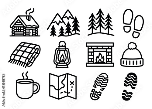 Cozy winter icons: cabin, mountains, lantern, fireplace, warm accessories for cold seasons