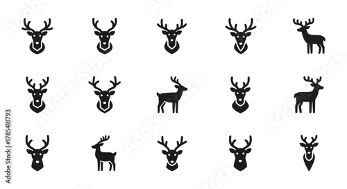 A series of black and white stylized deer icons. Some are headshots, others depict the whole animal. All are simplistic, uniform shapes against a white background