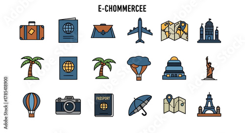 A collection of simple, colorful vector illustrations representing travel and tourism elements like passports, landmarks, and modes of transportation, suitable for e-commerce or travel-related content
