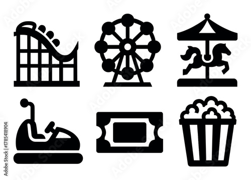 Amusement park icons: roller coaster, ferris wheel, carousel, bumper car, ticket, popcorn