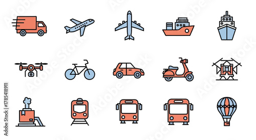 A collection of colorful, minimalist line art icons depicting various modes of transport. Includes vehicles of land, air and sea. Simple and clear representation