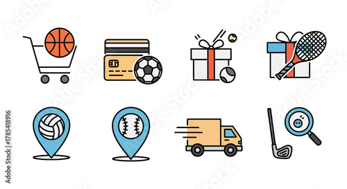 A collection of eight colorful icons related to sports, shopping, and delivery, featuring items like basketball, credit card, gifts, and a golf club