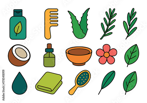 Natural beauty icons: bottle, comb, aloe, herbs, coconut, oil, bowl, flower, towel, brush, leaves