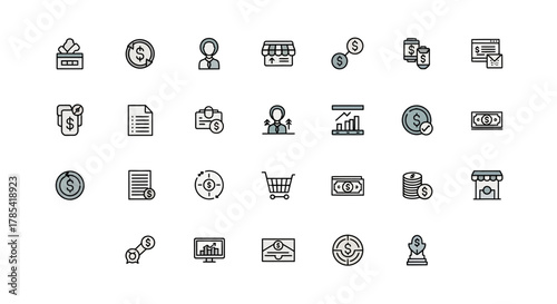 A collection of simplified line-drawn icons, each depicting concepts of finance, commerce, and money. Icons feature dollar symbols, charts, shopping carts, and a storefront, all in a uniform style